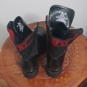 DKNY Black Leather Ankle Boots with Red Logo Panel